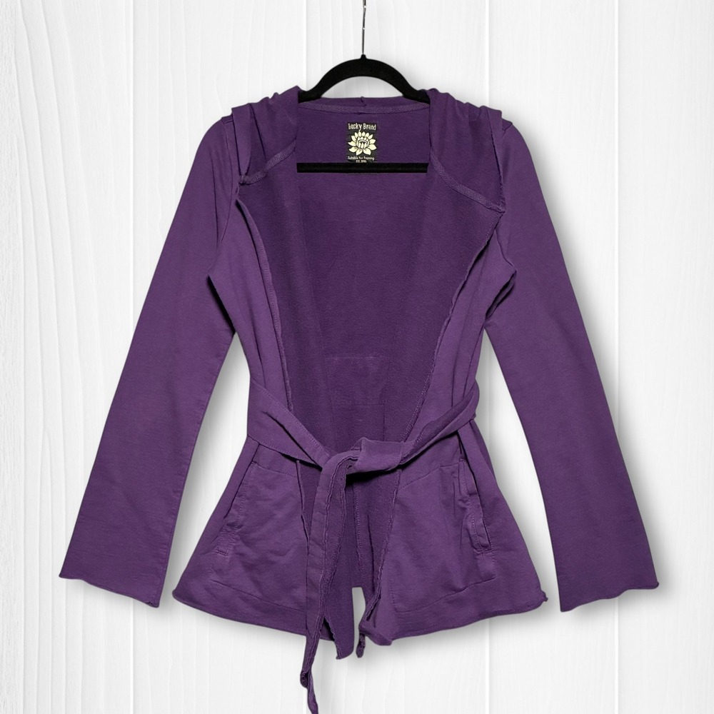 VTG Lucky Brand Hooded Belted Wrap Cardigan Sweatshirt Womens‎ S Purple